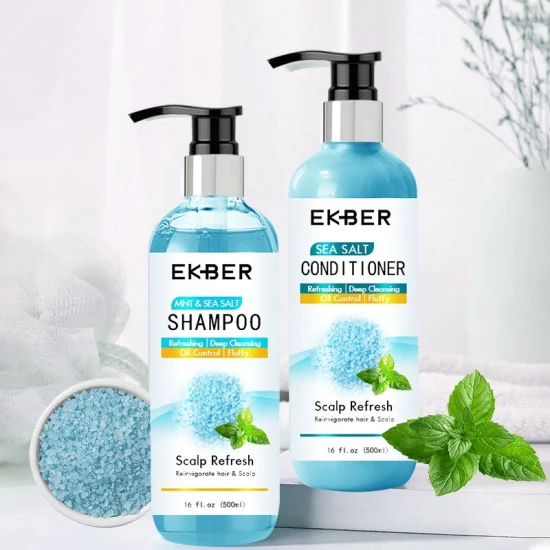 Conjunto de shampoo e condicionador orgânico personalizado de marca própria OEM com sal marinho e hortelã para cuidados com os cabelos Shampoo com sal marinho para controle de óleo